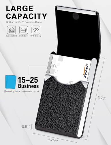 Padike Black PU Leather Business Card Holder Slim Metal Pocket with Magnetic Closure