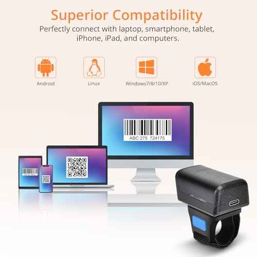 1D 2D Bluetooth Portable Ring Barcode Scanner, Wearable Mini Barcode Reader with Wireless 2.4Ghz &Bluetooth &USB Wired 3 in 1, Connectable Windows/Mac OS/Android