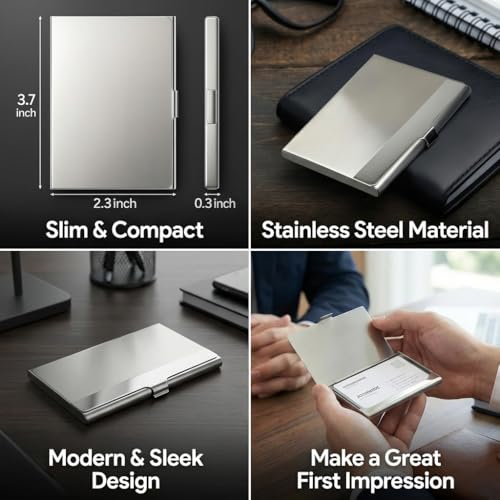 SunplusTrade Stainless Steel Business Card Holder 3.7" x 2.4" Slim Minimalist Pocket Case for Men & Women - Fits 18 Cards