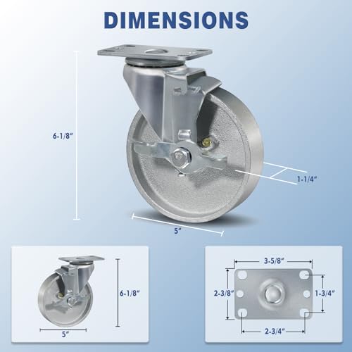 5" Caster Wheels Heavy Duty 2000 lbs£¬Swivel Casters Set of 4, Industrial Plate Casters, Semi Steel Cast Iron Wheels for Furniture,Workbench (2 Swivel & 2 Brakes)