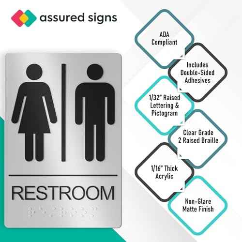 Unisex Bathroom Signs, Restroom Sign For Business - For Men and Women - 10 Pack - 9" by 6" - ADA Compliant with Braille - Strong Double-Sided Adhesives Included - Apply to Office, Home, Public Door/Wall