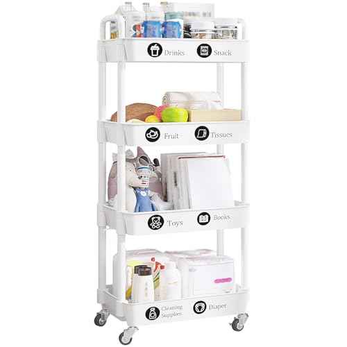 UDEAR 4-Tier Rolling Utility Cart with 12 Category Labels,Multifunctional Storage Shelves with Handle and Lockable Wheels for Room,Office,Kitchen,Bathroom,White