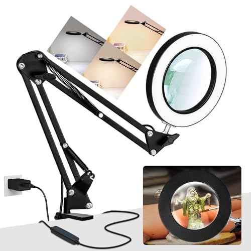 10X Magnifying Glass with Light, 1,800 Lumen 3 Color Stepless Dimming, 4.2 Inch Real Glass Lens LED Lighted Magnifier, Adjustable Swing Arm with Clamp Desk Lamp for Craft Repair Crochet Puzzles