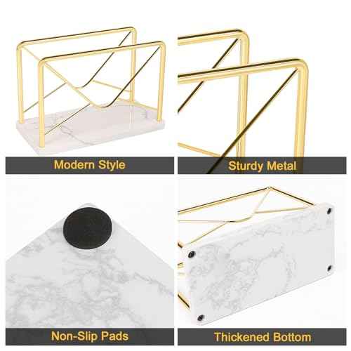 Modern Mail Holder for Home Office, Metal Letter Organizer Sorter for Desk, Cutout Mail Envelope Design, Bill Filling Paper Document Rack, Envelope Storage Rack with Marble Base
