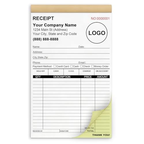 Custom Receipt Book with Carbon Copies, 5.5 x 8.5 in - 100 Sets (2 Books x 50) VJY