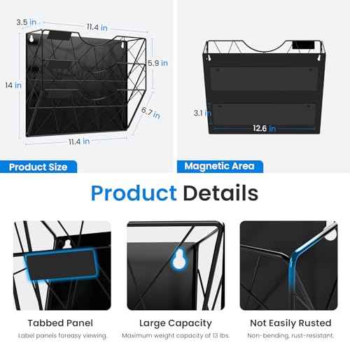 Magnetic File Holder for Refrigerator & Cabinets | No-Drill Wall Mount Organizer | 3-Tier Vertical Mail & Magazine Holder for Office/Home (Black, Space-Saving Design)