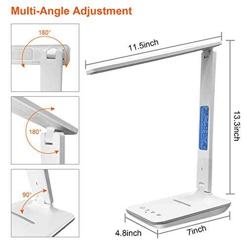 Desk Lamp with Wireless Charger£¬USB Charging Port, Dimmable Office Desk Light with Clock, Alarm, Date, Temperature, Foldable Lamp for Table Bedroom Bedside Office (White, Standard Size-13.3 inch)