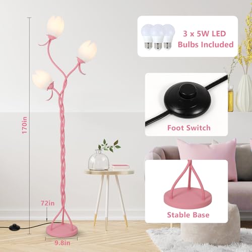 HMVPL Pink Flower Floor Lamp for Bedroom, 3-Light Floral Floor Lamp with 3 LED 5W Blubs, Foot Switch, Cute Girls Standing Lamp with Acrylic Shade, Gooseneck Lotus Flower Tall Lamp for Living Room Kids