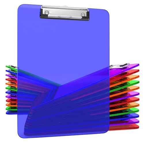 25 Transparent Colored Clipboards Bulk for Classroom Office Plastic Clipboard Low Profile Kids Clip Boards Standard Letter Size Holds 100 Sheets Hanging Hook Colorful Clip Board