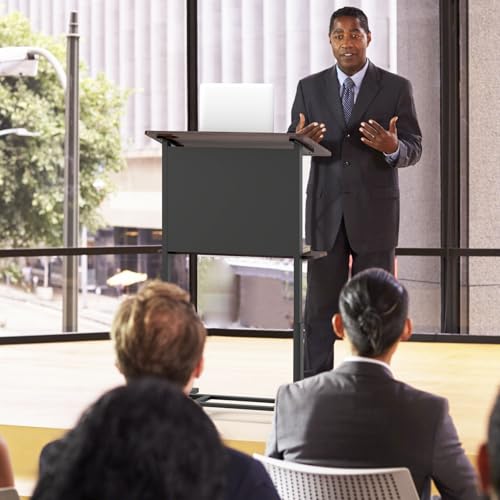 Tangkula Walnut 3-Position Height Adjustable Rolling Podium/Lectern with Tilted Tabletop