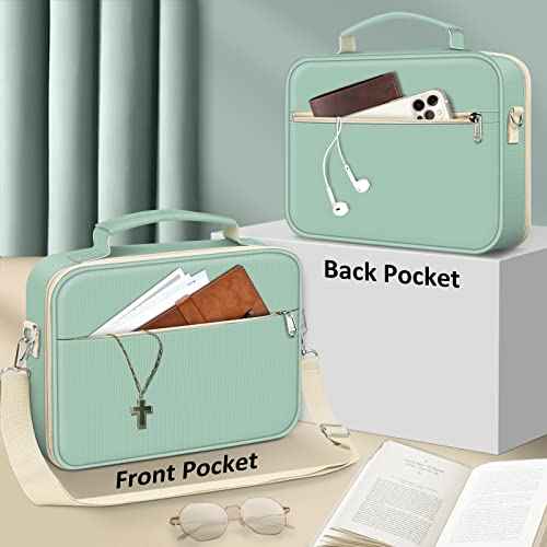 FINPAC Large Bible Cover w/Shoulder Strap, Carrying Book Case Church Bag Bible Protective w/Pen Slots and Zippered Pocket, Gift for Women Lady, Light Green