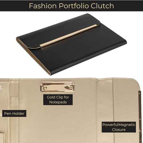BLU MONACO Black Vegan Leather Portfolio Binder for Women - Professional Padfolio with Magnetic Closure & Gold Trim, Business Organizer Case