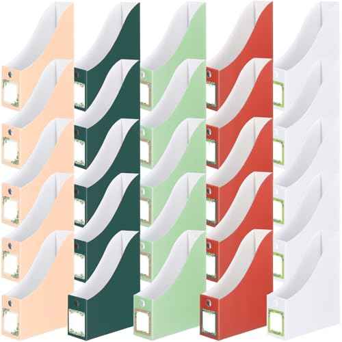 Pasimy 25 Pcs Greenery Cardboard Magazine File Holder Magazine Organizer Book Bin with Label Sticker Multicolor File Storage Box for Desk Shelves Document School Classroom Home Office Supplies