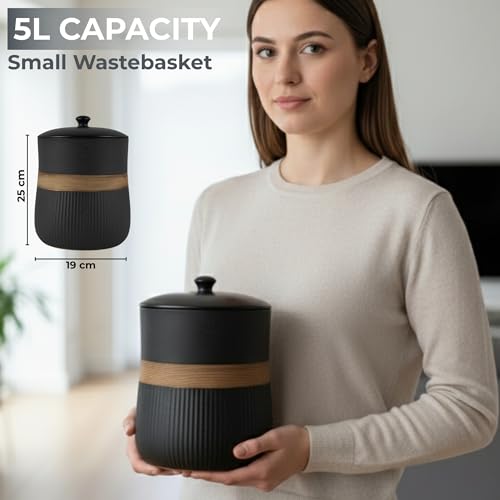 Escenzy Black Bathroom Trash Can with Lid 5L | 7" x 10" | Decorative Small Garbage Can | Modern Ceramic Waste Basket for Bathroom, Bedroom, Kitchen, Hotels or Living Room Decor | Luxe Restroom Decor
