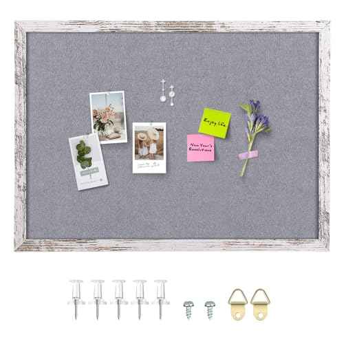 Gray Felt Bulletin Board, 35.4x23.6 inches Decorative Hanging Bulletin Boards for Walls with White Rustic Wood Frame, Pin Board Vision Board for Office Home School with Pins (6090,WH,1pc)