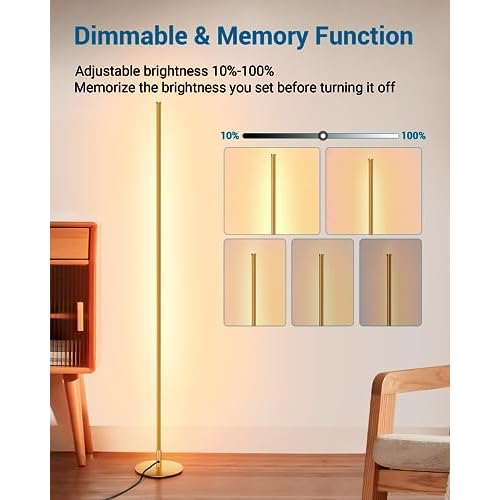 DEWENWILS Floor lamp, 1100Lumen Modern Dimmable Corner Floor Lamp with 3000K Warm Light & Foot Switch, 57.5" Tall Standing Lamp for Living Room, Bedroom, Gold