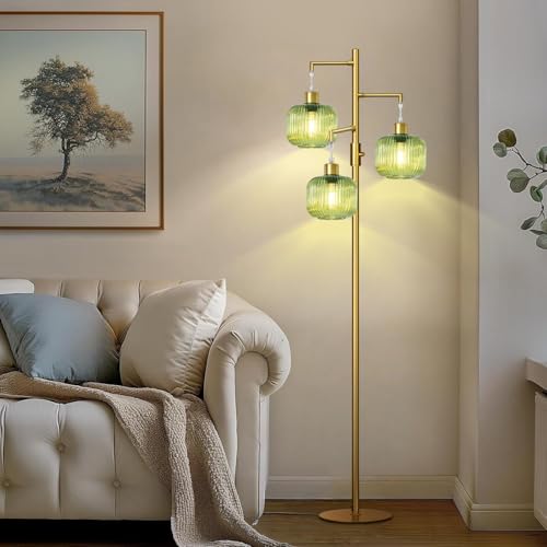 Gold Floor Lamp for Living Room, Dimmable Tree Standing Lamp with Green Glass Shape, Modern Tall Lamps for Bedroom, 3¡¿600LM LED Bulbs Included