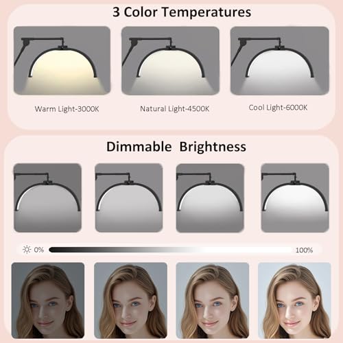 Half Moon Light for Lash Tech, LED Floor Lamp with Wheeled Base, Lash Light for Eyelash Extension, Tattoo Artists, Beauty, Adjustable Brightness, Phone Holder