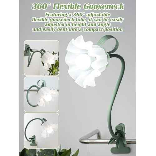 Clip on Light Flower Desk Lamp with Clamp,3 Color Modes LED Eye-Caring Reading Light Flexible Gooseneck Book Light Study Clip on Lamp for Desk Piano Office Headboard Dorm Bed (Green Lamp)