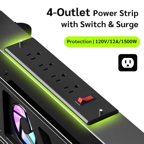 CABTE Black Computer Tower Stand with Charging Station & Cooling System