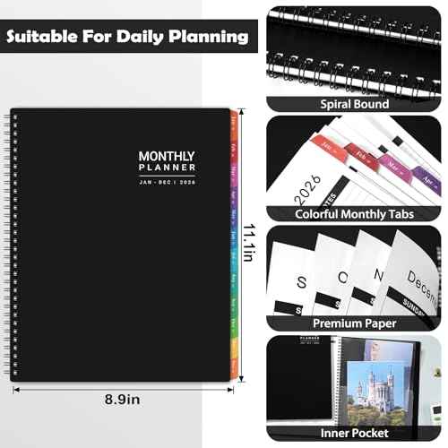2026 Monthly Planner - Jan 2026 - Dec 2026, 9" x 11", 12 Months Planner Calendar 2026, Colorful Monthly Tabs, Suitable for School & Work