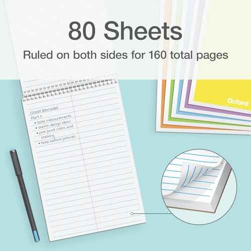 Oxford Steno Spiral Notebooks, Top Bound Steno Pads, 6x9 Inches, Gregg Ruled for Lists, White Paper, Asst. Pastel Covers, 80 Sheets, 6 Pack (1007112)