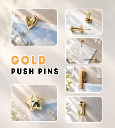 KEYDUACU Gold Push Pins Set, 150 Pcs with Storage Box - Heart, Star, Hook, Clip, Round & More