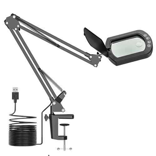 Rectangle Magnifying Glass with Light and Clamp, 15X 10X Desk Magnifying Lamp with Dust Cover, 5 Color Modes Dimmable, 84 LED Real Lens Lighted Magnifier Hands Free, Table Lamp for Repair Crafts Hobby