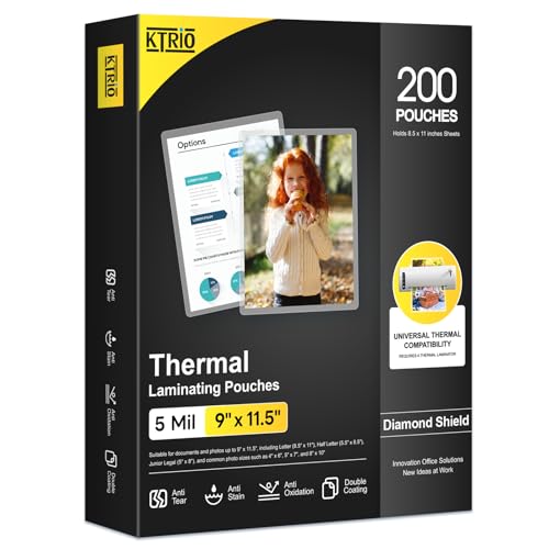 KTRIO 5 MIL Laminating Sheets, Hold 8.5 x 11 Inches, 200 Pack Thermal Laminating Pouches, 9 x 11.5 Laminate Sheets for Laminator, Clear Lamination Sheet Paper, Letter Size, Office School Home Supplies