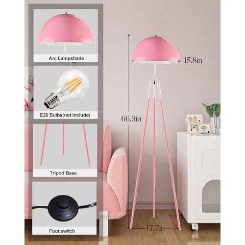Lightdot 67IN LED Tripod Floor Lamp, Mid Century Standing Lamps, Industrial Floor Lamp for Living Room, Bedroom, Study Room and Office, Arc Shade with E26 Base-Pink