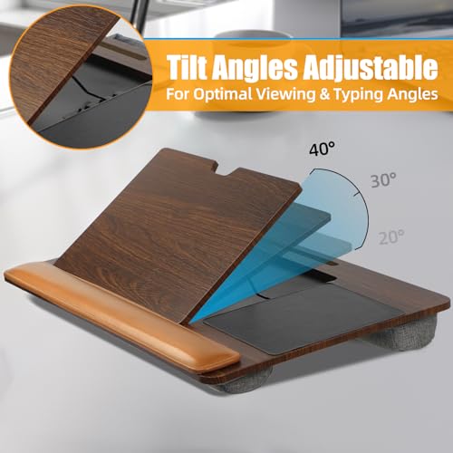 Wooden Laptop Tray with Leather Wrist Pad - Adjustable Angle Lap Desk with Cushion, Laptops Table for Couch,Bed, Fits Laptops Up to 17 Inches, Lap Laptop Desk with Mouse Pad, Brown