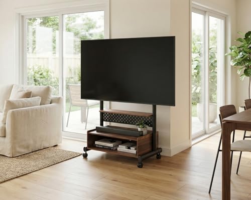 FITUEYES Walnut Rolling TV Floor Stand for 40-85in TVs, Height Adjustable