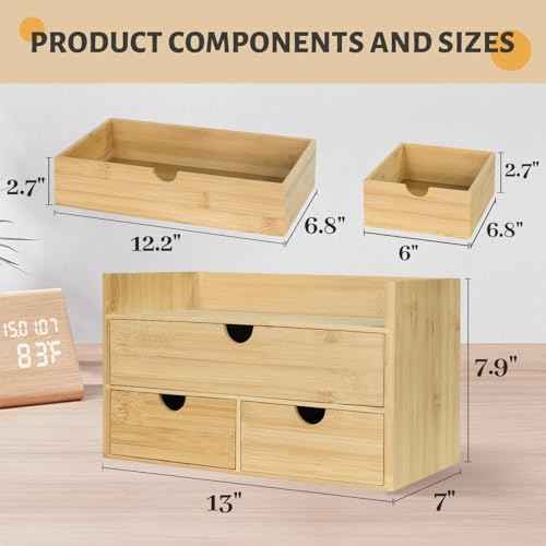 Bamboo Desk Organizer, Desktop Organizer with 3 Drawer, Tabletop Storage Organization Box for Bills, Countertop, Home Office Supplies