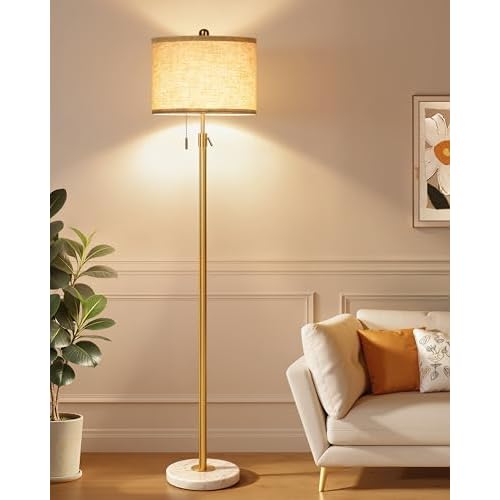 Modern Gold Floor Lamp for Living Room - Adjustable Height Standing Lamp with Marble Base & Linen Shade, 3-Way Dimmable Tall Floor Light for Bedroom, Reading, Bulb Included