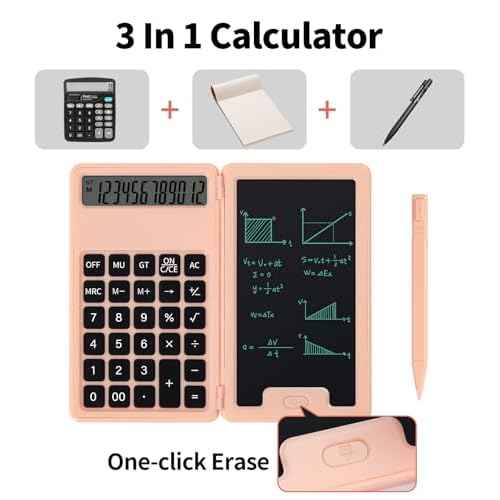 Desk Portable Basic Calculator with Notepad and Stylus, 12 Digit Large Display Multi-Function for Office, School, Home & Basic Financial (Pink)
