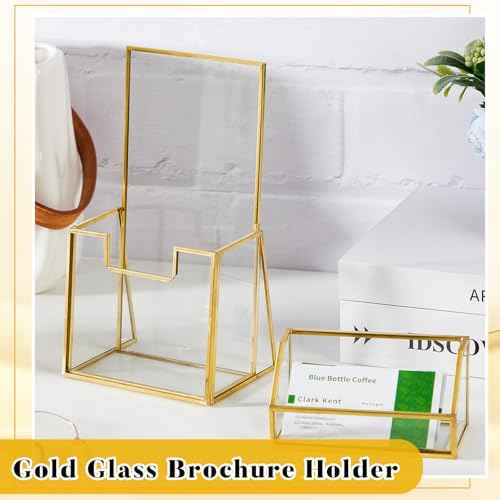 4 Pcs Glass Display Stand Set 2 Gold Glass Brochure Holder Stand 2 Gold Business Card Holder for Office Desktop Countertop Name Card Magazine Literature Journal (4 x 8 '')