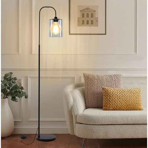 Floor Lamps for Living Room, Industrial Floor Lamp for Bedroom, Modern Standing Lamp with Bulb, Foot Pedal Switch Tall Lamp,Glass Lampshade Minimalist Tall Pole Lamp for Office,Nursery (Black)