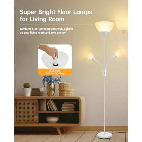 Floor Lamp, Torchiere Floor Lamps for Living Room, 71 Inch Tall Standing Lamp, Bedroom Lamps with Gooseneck Light, Rotary Switch, 3 Plastic Lampshade, Torch Floor lamps for Bedroom (White, No Bulb)