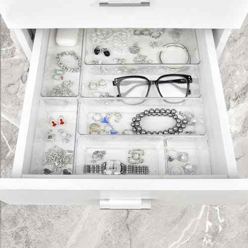 Drawer Organizers Set of 15, 4 Sizes Clear Plastic Drawer Organizers and Storage Bins for Kitchen, Bathroom, Office, Dresser Desk Drawer Organizer Tray for Jewelry, Makeup, Junk, Gadgets