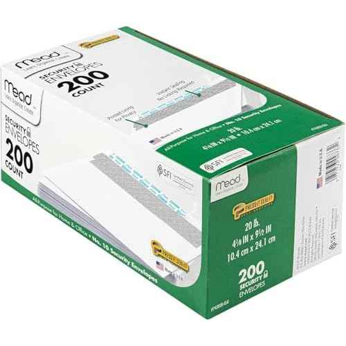 Mead #10 Security Business Envelopes Letter Size 4-1/8" x 9-1/2" ? Peel and Seal, Privacy Lined, No-Window, Press-It Seal-It Self-Adhesive for Home & Office Mailing, 200 Count (742020)