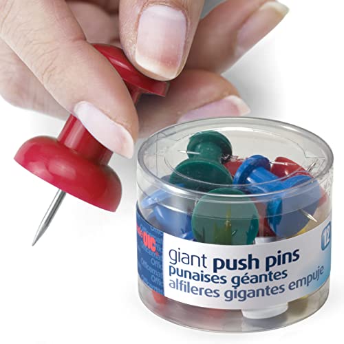 Officemate Giant Push Pins 1.5 in Assorted Colors – 12 Pack