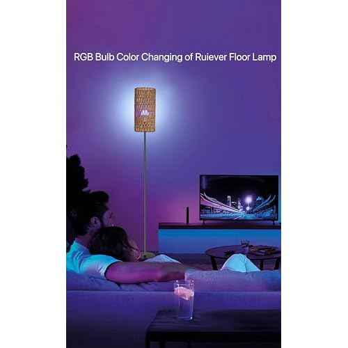 Floor Lamp for Living Room,Farmhouse Rattan Floor lamp,Modern Standing lamp with Hand-Worked Rattan Shade,RGB Bulb with Remote Controller