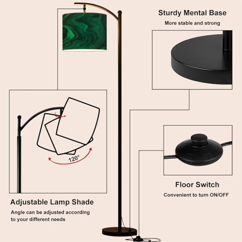 Arc Floor Lamp Green Emerald Luxury Abstract Golden line Art Marble Modern Tall Standing Lamp Dimmable with Remote Adjustable Drum Shade Footswitch for Living Room Bedroom Office