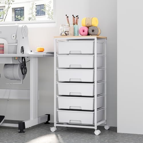 Rolling Storage Cart with Drawers,Utility Cart with 6 Large Drawers and Wooden Tabletop,Craft Storage Cart with Lockable Wheels for Bedroom, Office, Classroom, Kids'Room, Living Room (White)