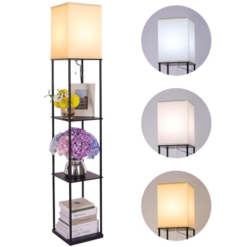 Floor Lamp with Shelves, Modern Square Standing Lamp with 3 Color Temperature Bulb, Corner Display Bookshelf Lamp for Living Room, Bedroom and Office (Black)