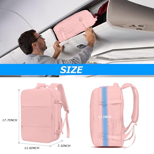 Lovvento Air Vacuum Compression Travel Backpack: Expandable Carry On Bag Vacuum with Pump Fits 17.3inch Laptop for Women and Men - Suitable for Business and Work Waterproof (Pink)