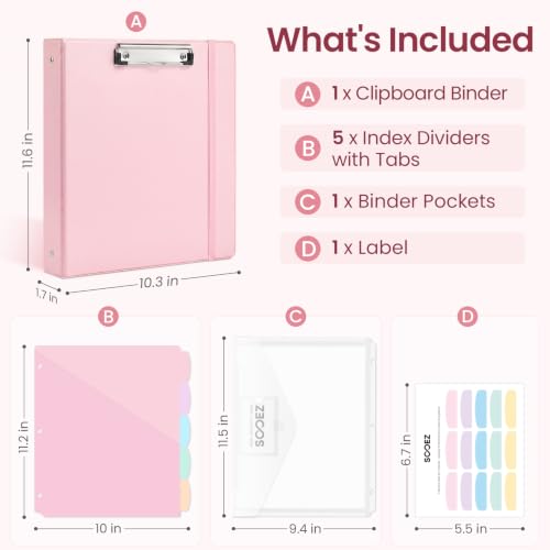 Sooez 3-Ring Binder Clipboard with Storage & 5-Tab Dividers - Pink, 1 Inch
