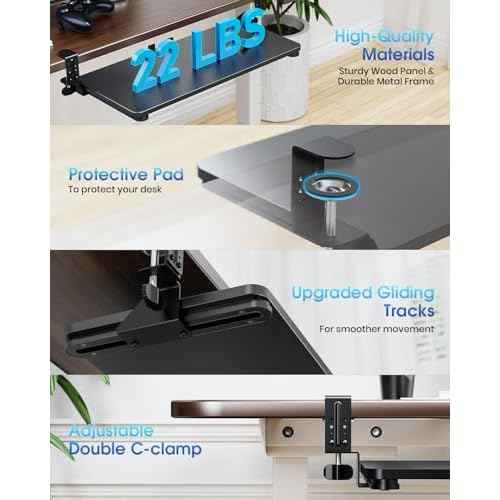Large Keyboard Tray Under Desk, Pull Out Keyboard & Mouse Tray with Adjustable C-clamp, 25.6(31.5 Including Clamps) x 11.8 Inch Slide Out Computer Keyboard Drawer Mouse Tray for Typing, Black