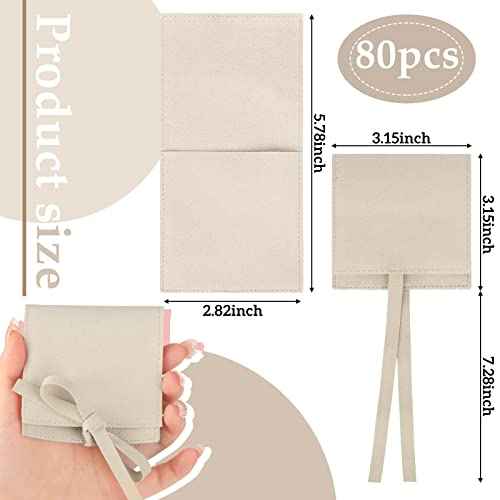Sotiff 80 Pcs Microfiber Jewelry Pouch 8x8 cm Jewelry Packaging Bag Luxury Small Gift Bag for Small Business Envelope Style Bracelet Packaging Bow Tie Microfiber Pouch with Strings Divider(Khaki)