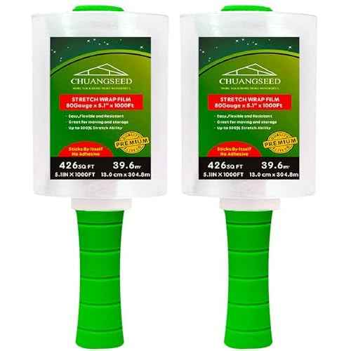 2-Pack Industrial Mini Clear Stretch Wrap Film 80 Gauge 5.1" 1000ft for Pallet Wrap with Plastic Handle,Durable Self-Adhering Packing,Moving,Packaging,Heavy Duty Shrink Film Chuangseed